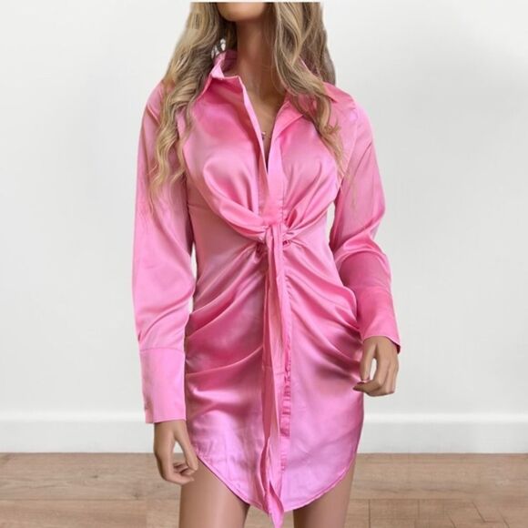 Pink Satin Deep Collar V‎ Neck Tie Front Long Sleeve Mini Dress Small - Picture 1 of 11